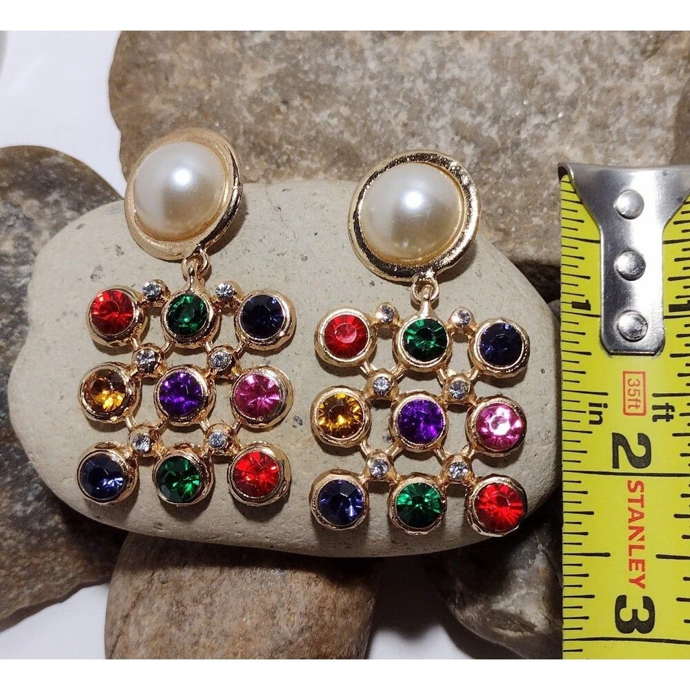 BIG Vintage 90s Color Block Pearl Gold tone Statement Earrings